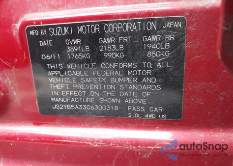 2012 Suzuki Sx4 Premium/Tech Valu Pkg (Nav) z USA, uszkodzony, nr VIN JS2YB5A33C6300318